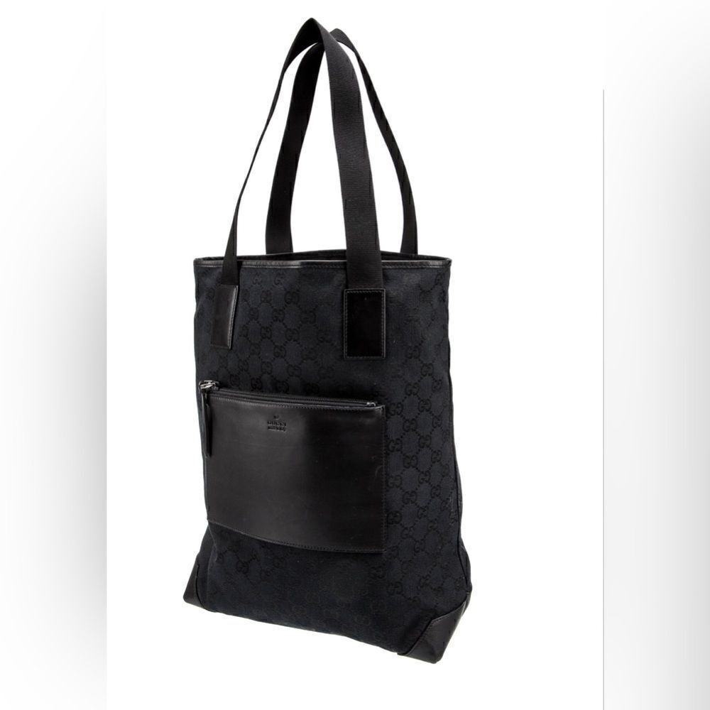 Authentic Gucci nylon calfskin monogram tall tote in black. - Picture 2 of 14